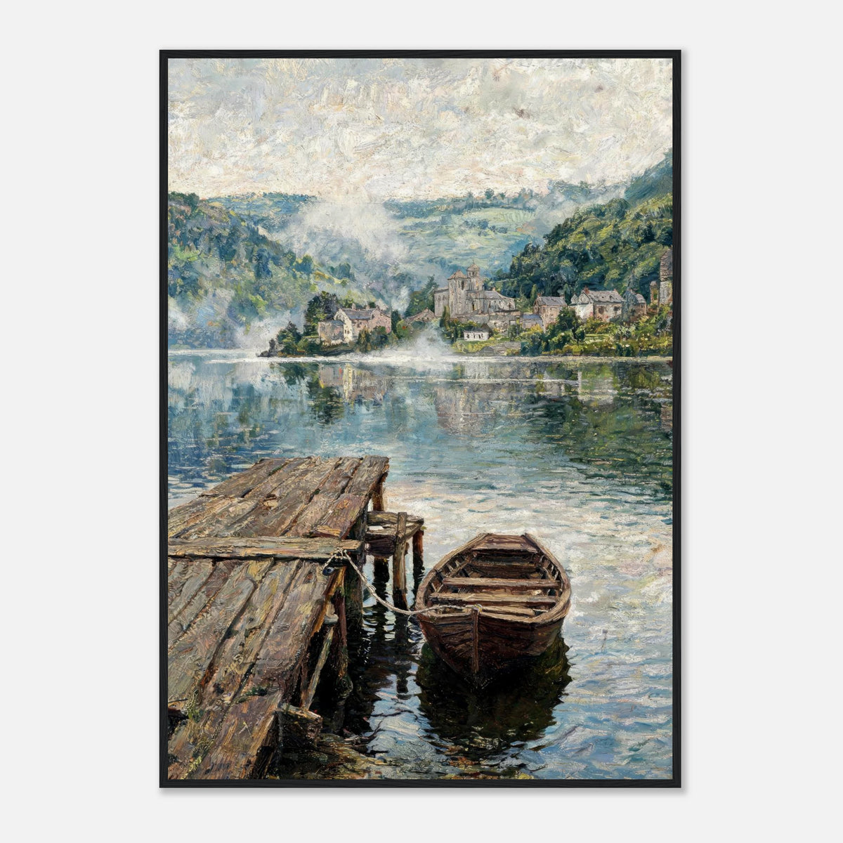 Misty Mountain Lake Wooden Boat Impressionist Art Print