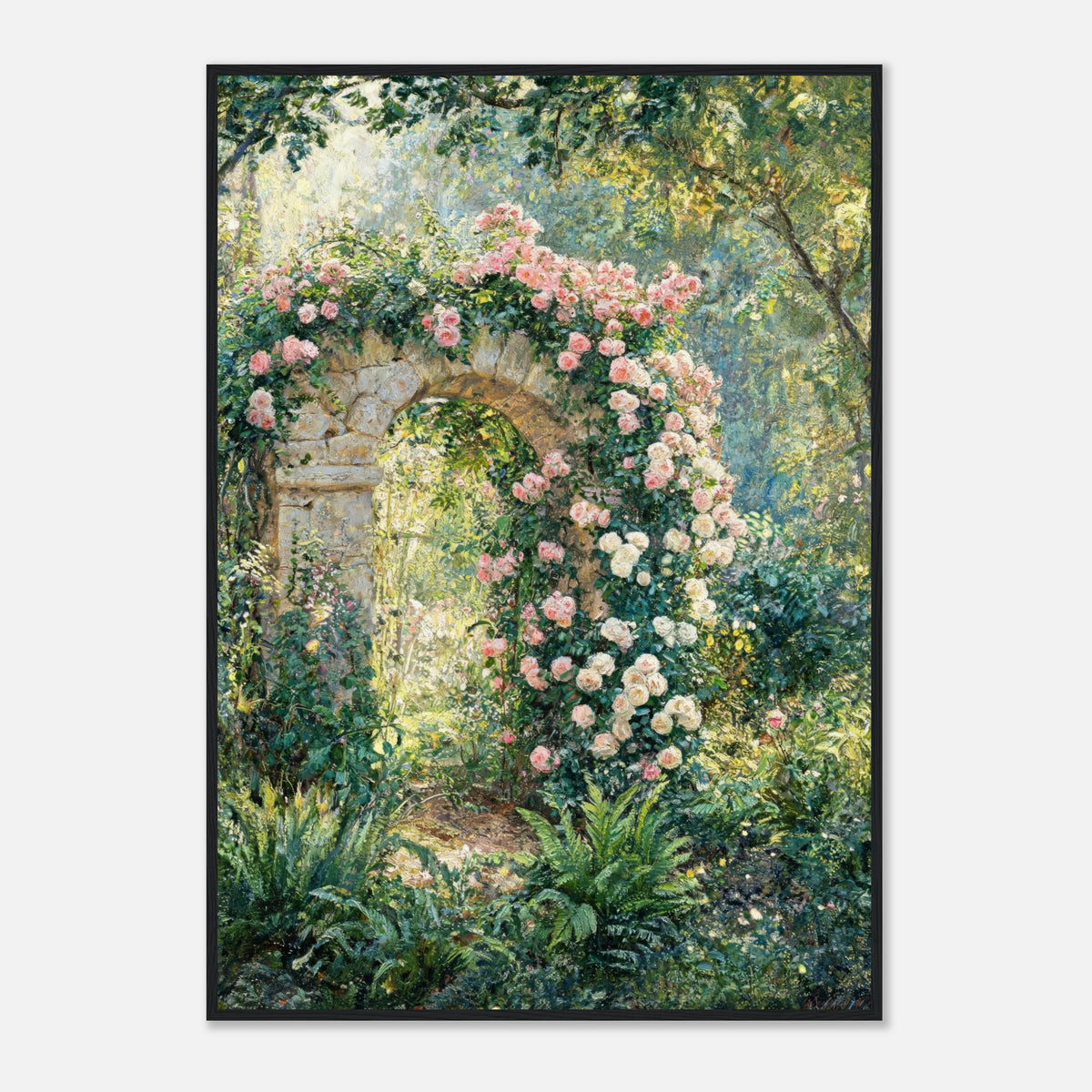Rose-Covered Stone Arch & Sunlit Garden Impressionist Art Print