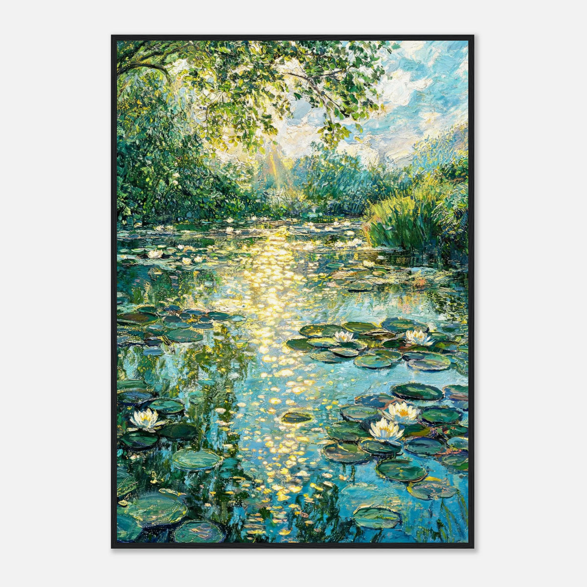 Sunlit Water Lilies & Shimmering Pond Impressionist Art Print
