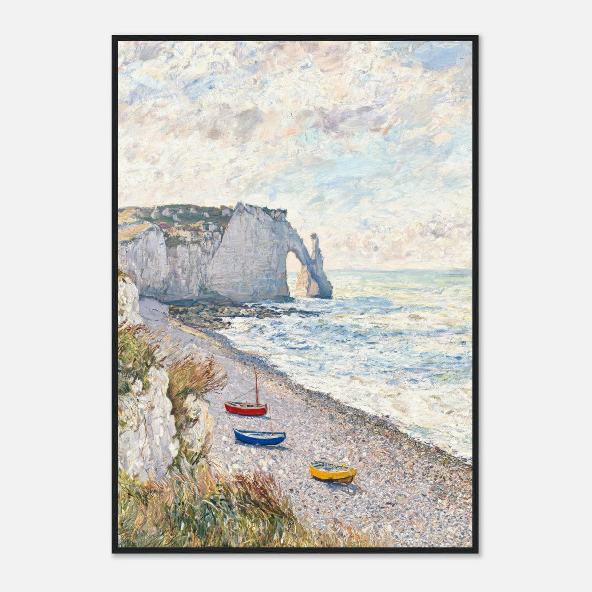 Coastal Cliff & Colorful Boats Impressionist Art Print