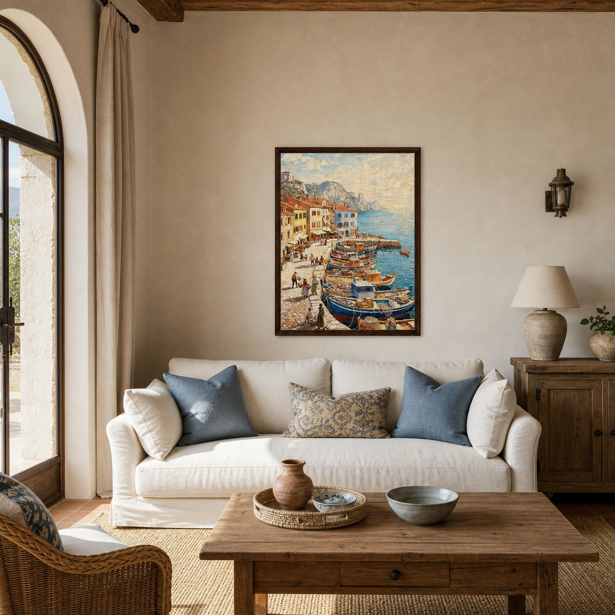 Framed Mediterranean Harbor Canvas | Scenic Coastal Wall Decor