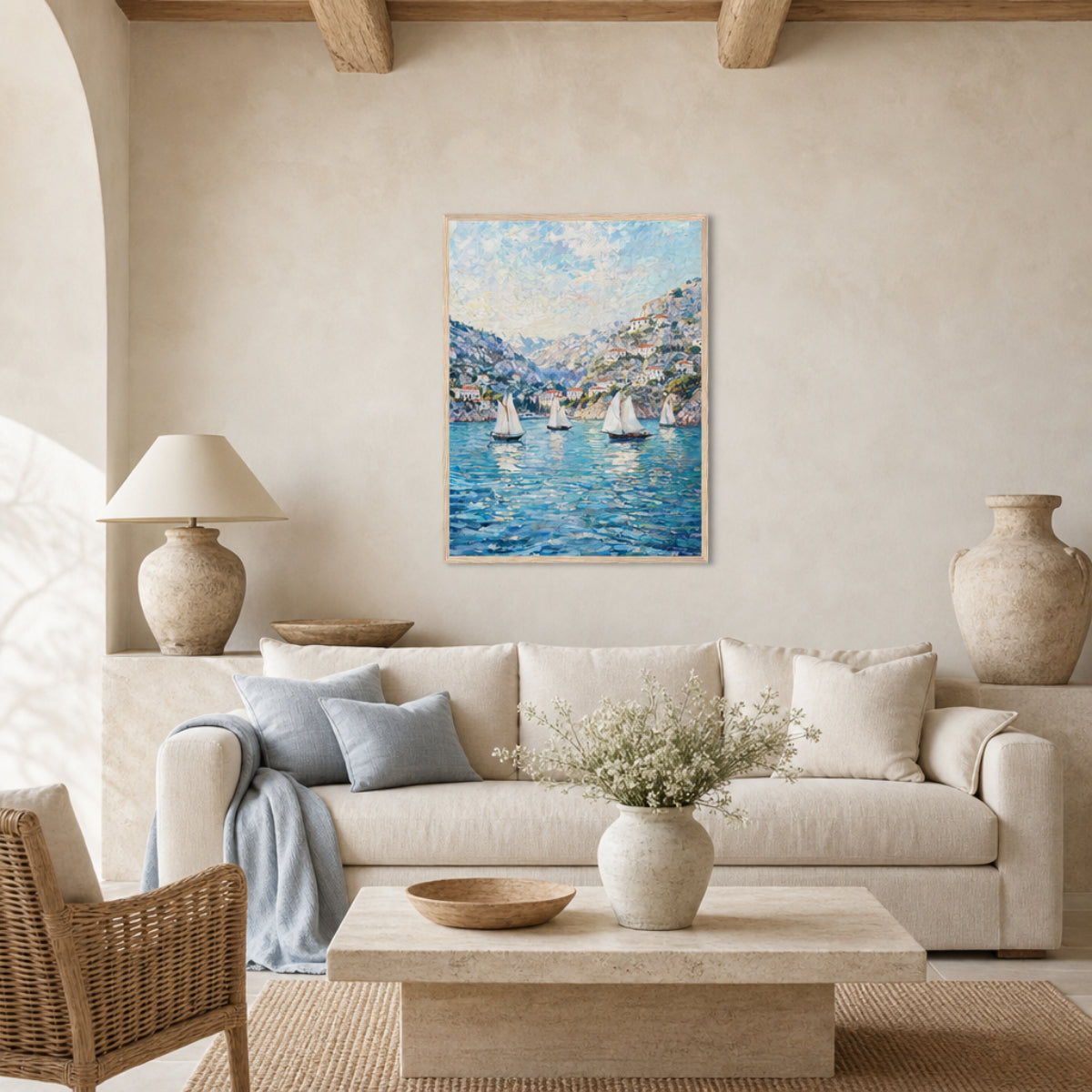 Framed Mediterranean Sailboats in Coastal Bay Art Print
