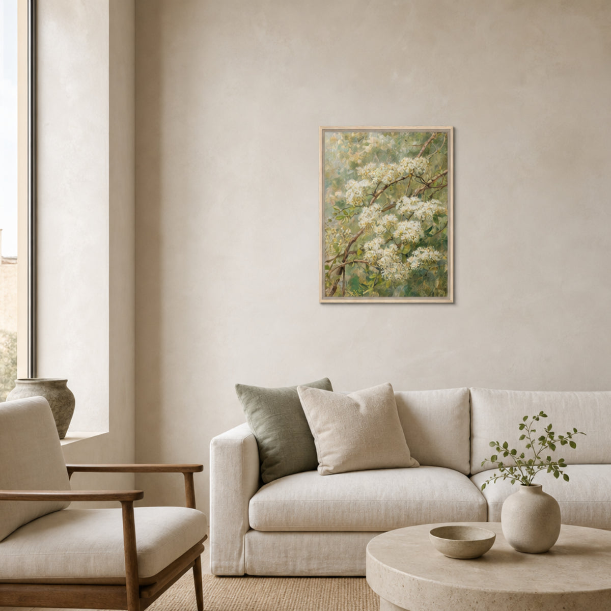 Impressionist White Blossom Branch Framed Canvas Wall Art