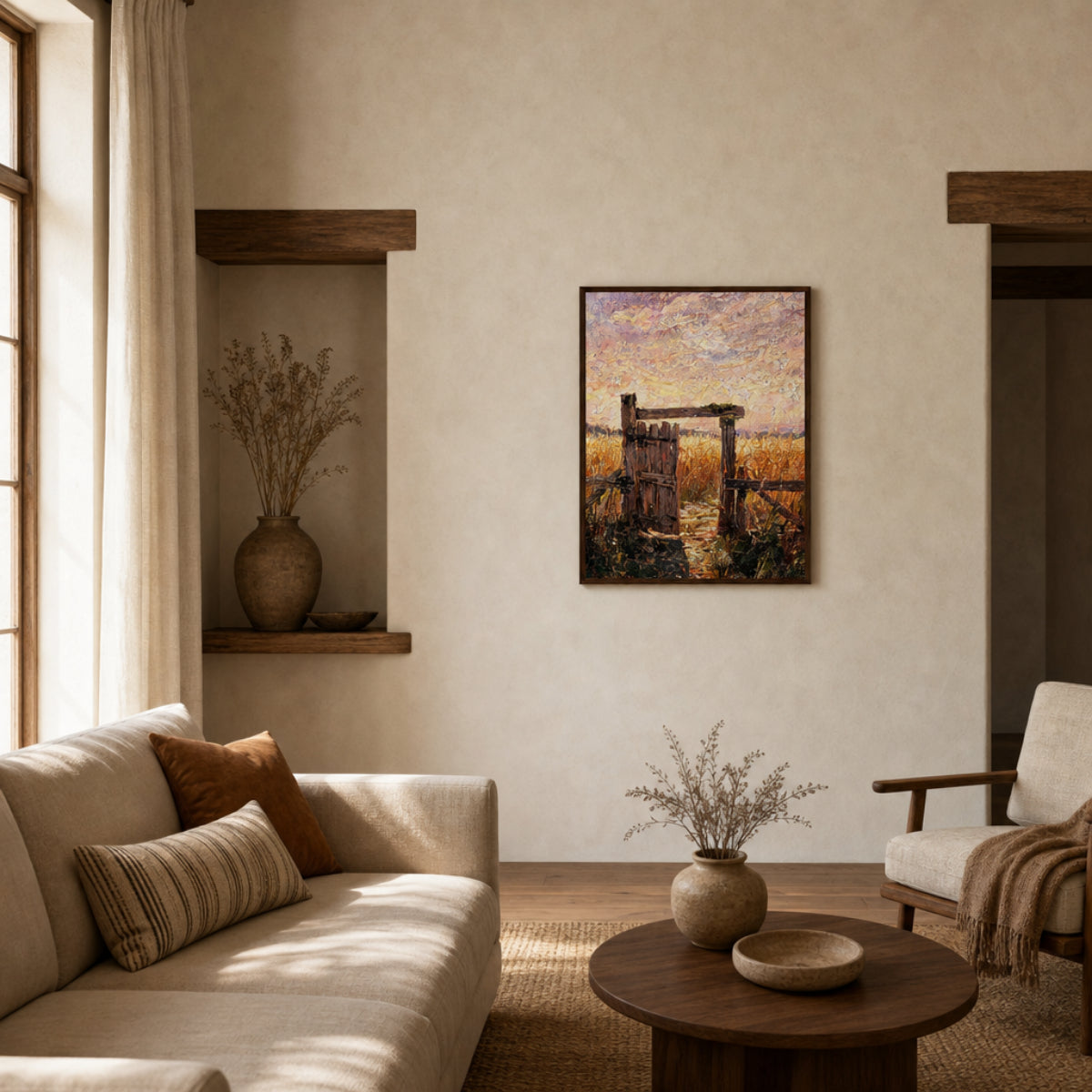 Rustic Wooden Gate Sunset Framed Fine Art Print