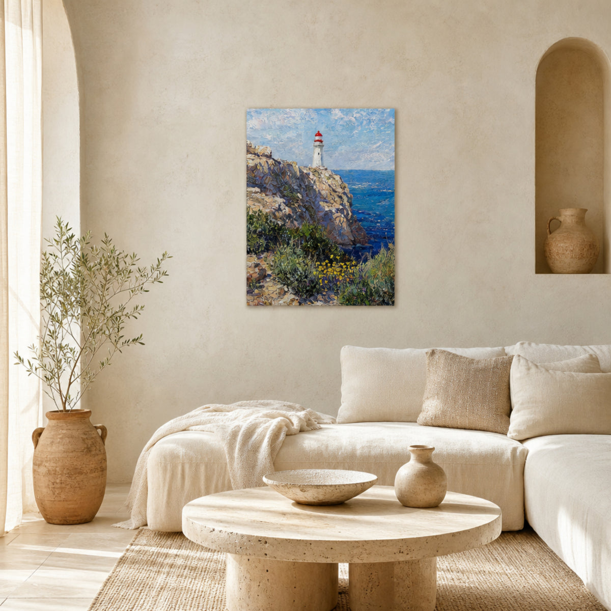 Mediterranean Coastal Lighthouse & Cliff Canvas Print