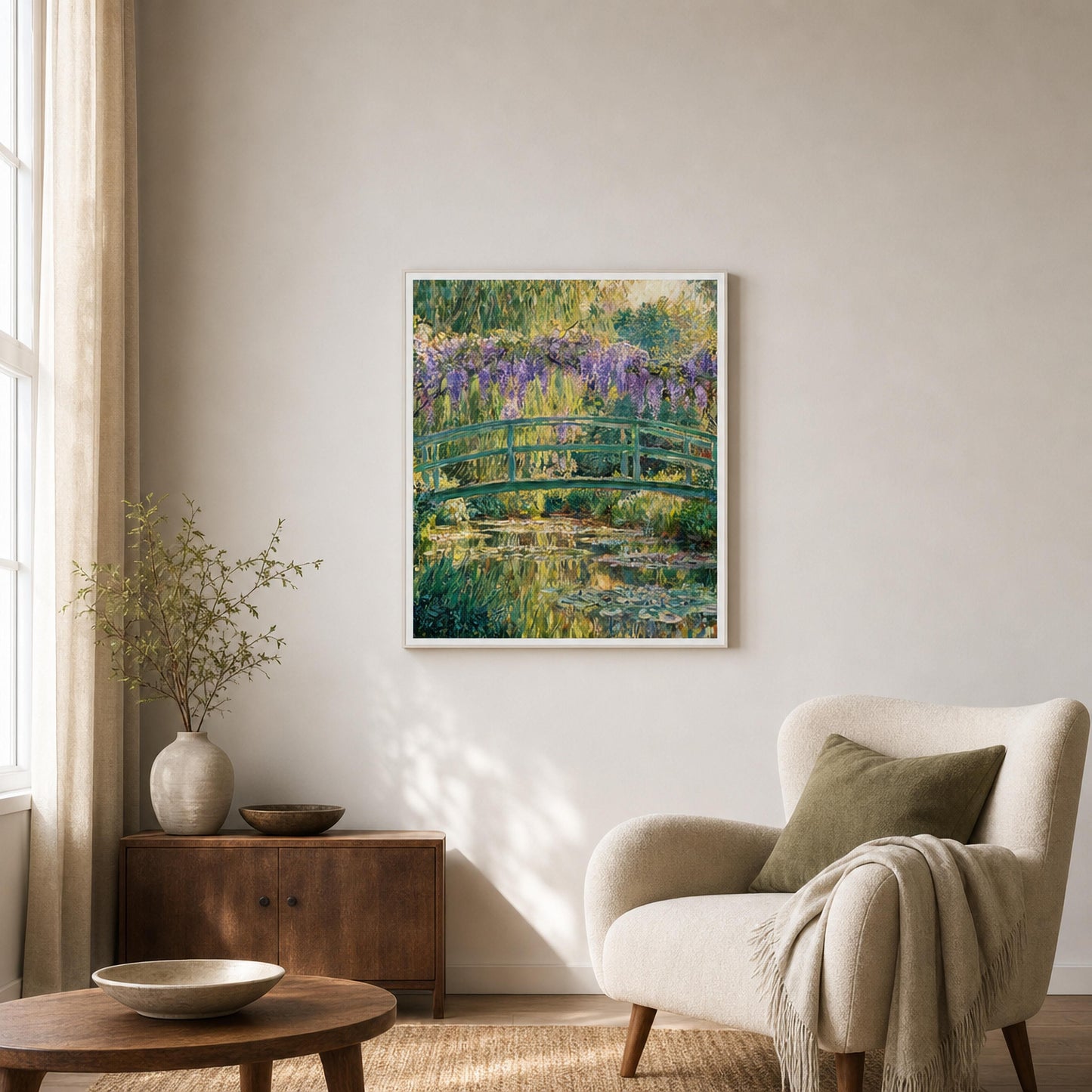Japanese Bridge and Wisteria Wooden Framed Poster | Vintstep