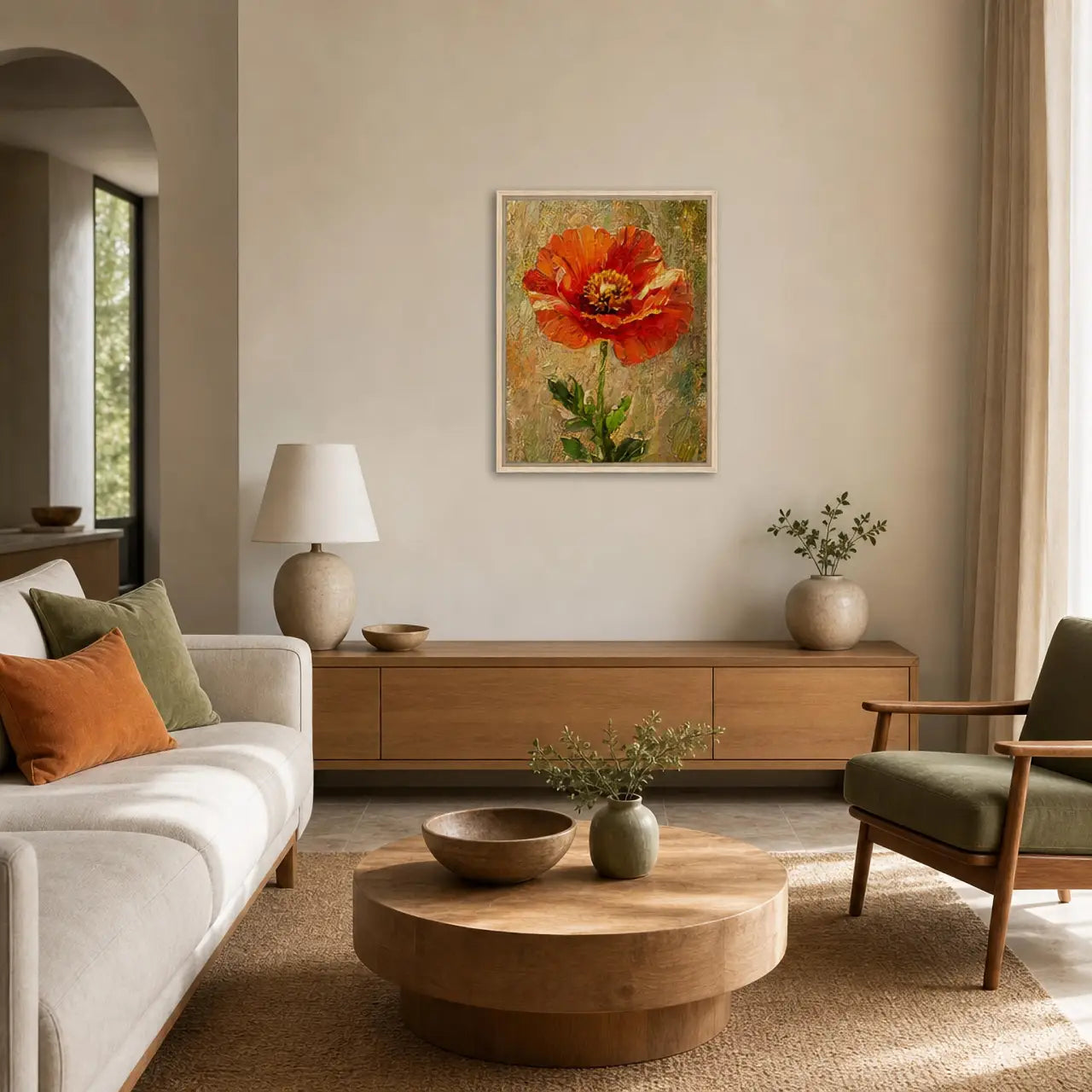 Impressionist Single Orange Poppy Framed Canvas Wall Art