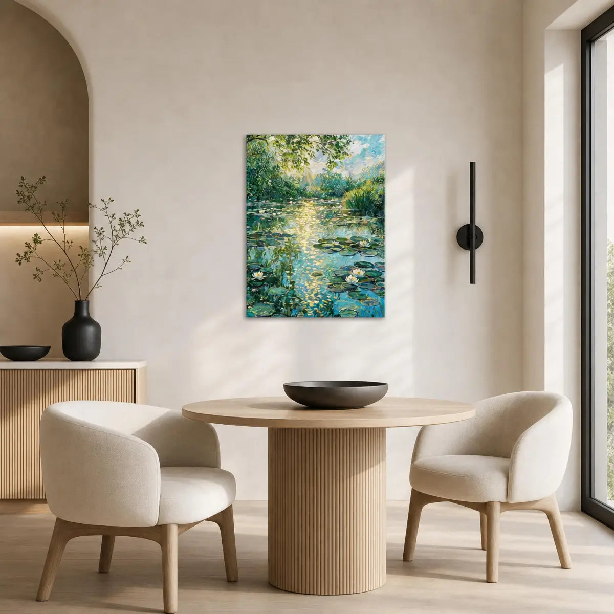 A framed vertical canvas painting of a serene pond with lily pads and green trees, displayed on a beige wall in a modern dining room setting with a round wooden table and two cream-colored armchairs.