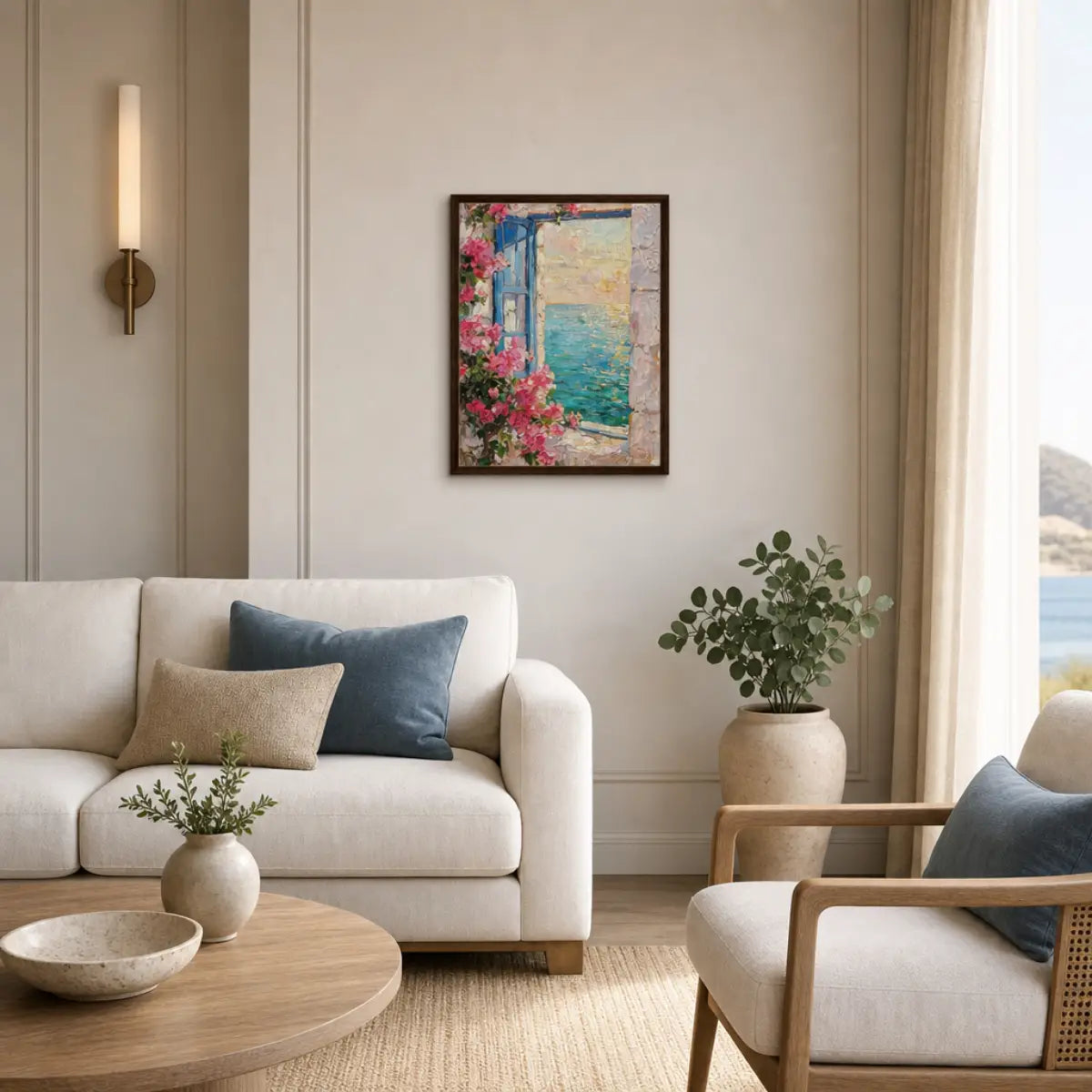 Framed Mediterranean Sea View Through Blue Window Canvas Wall Art | Coastal Decor