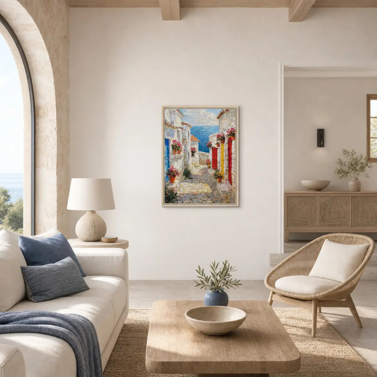 Framed Mediterranean Coastal Alleyway Canvas Wall Art | Village Decor
