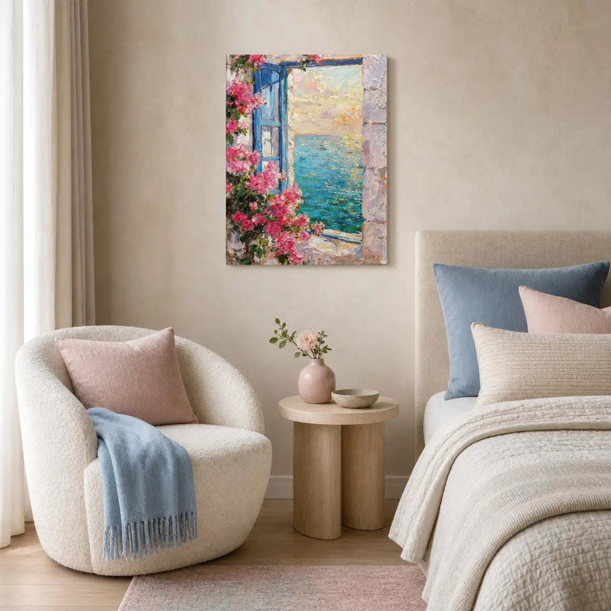 Mediterranean Sea View Through Blue Window Canvas Print | Impressionist Floral Seascape