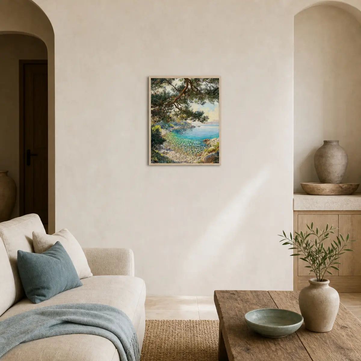 Framed Mediterranean Pine & Coastline Art Print | Vintage Seascape Wall Decor