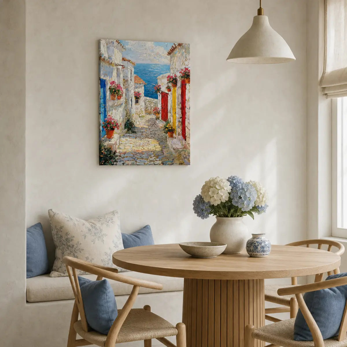 Mediterranean Coastal Alleyway Canvas Print | Impressionist Village Seascape