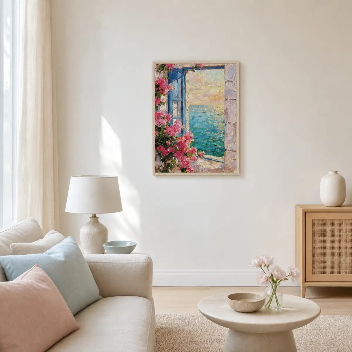 Framed Mediterranean Sea View Through Blue Window Art Print | Floral Seascape Decor