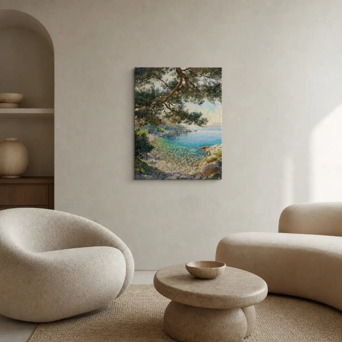 Mediterranean Pine & Coastline Canvas Print | Impressionist Seascape Wall Art