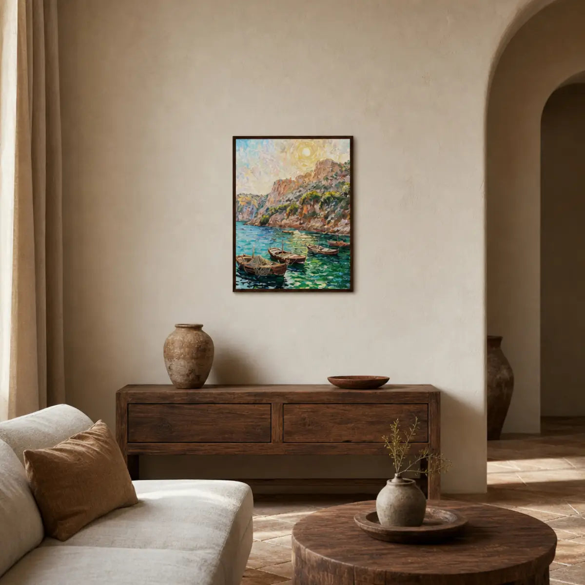 Framed Mediterranean Fishing Boats & Coastal Cliffs Art Print | Seascape Wall Decor
