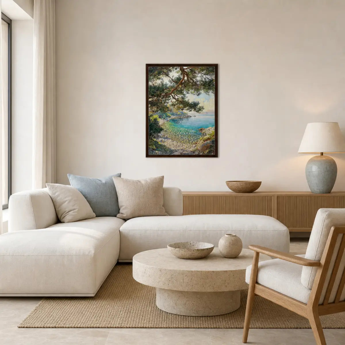 Framed Mediterranean Pine & Coastline Canvas Wall Art | Seascape Decor