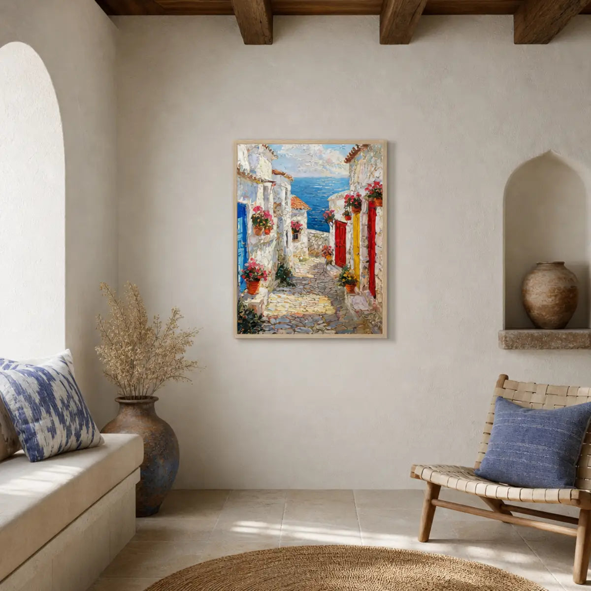 Framed Mediterranean Coastal Alleyway Art Print | Village Seascape Wall Decor