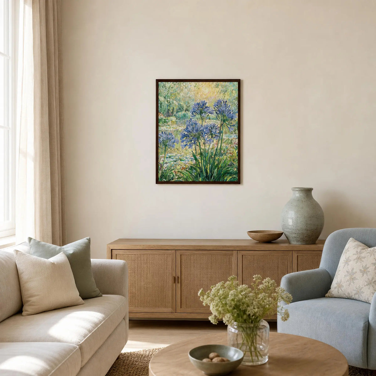 Sunlit Agapanthus Garden Wooden Framed Poster | Vintstep
