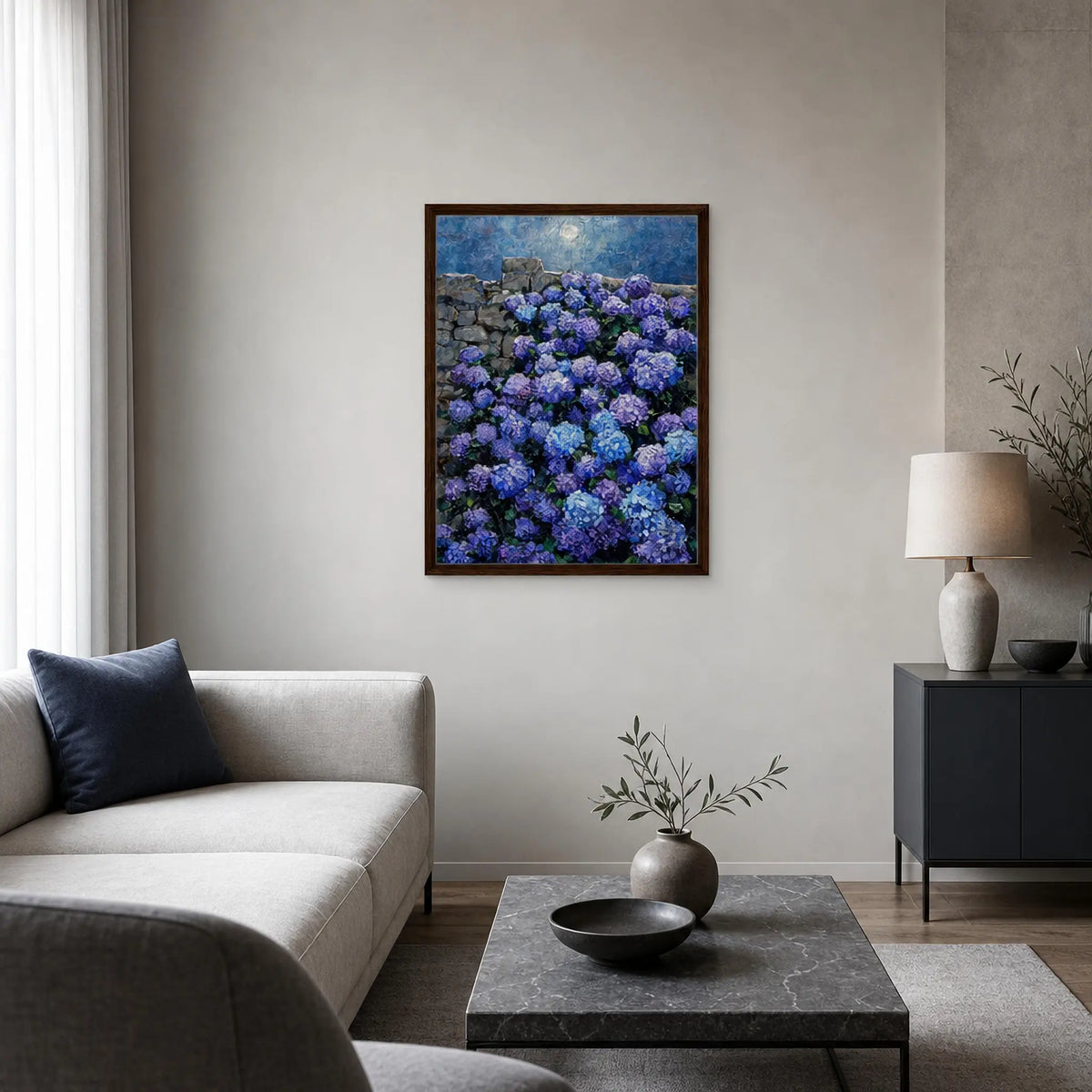 Moonlit Hydrangea Wall Framed Canvas Wall Art