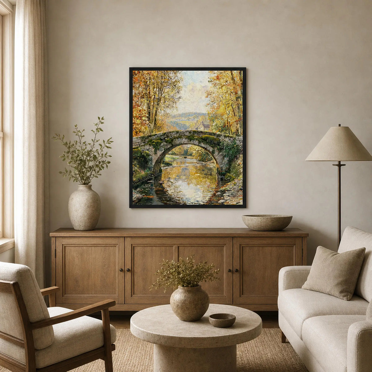 Stone Bridge Autumn Stream Framed Art Print | Ready to Hang Wall Decor