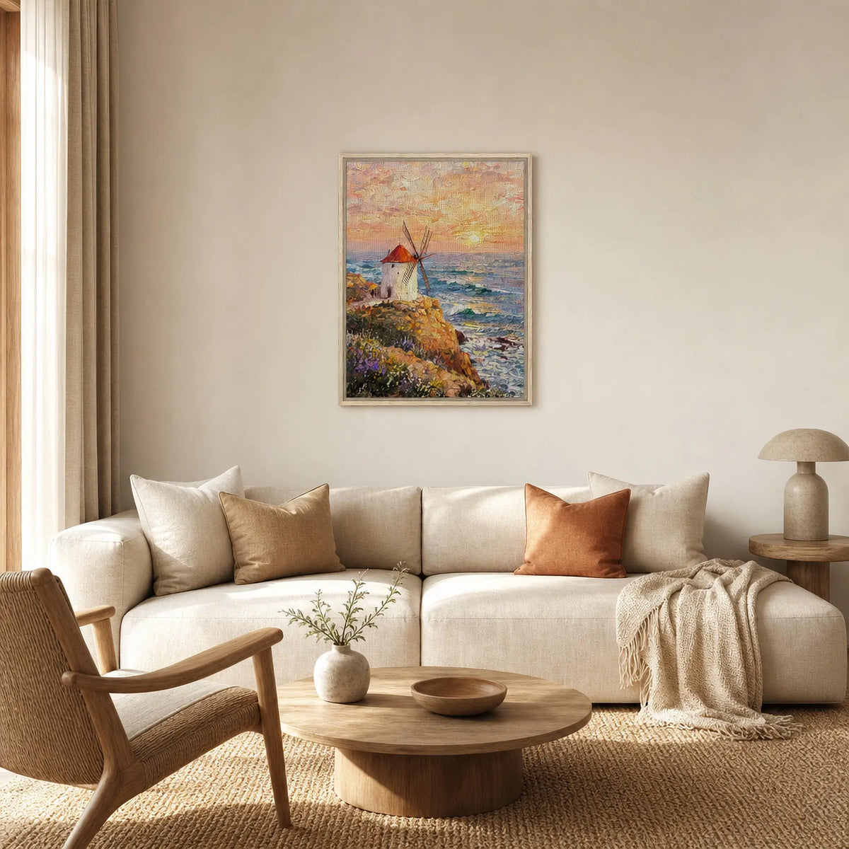 Framed Coastal Windmill Sunset Canvas | Seaside Wall Art Decor