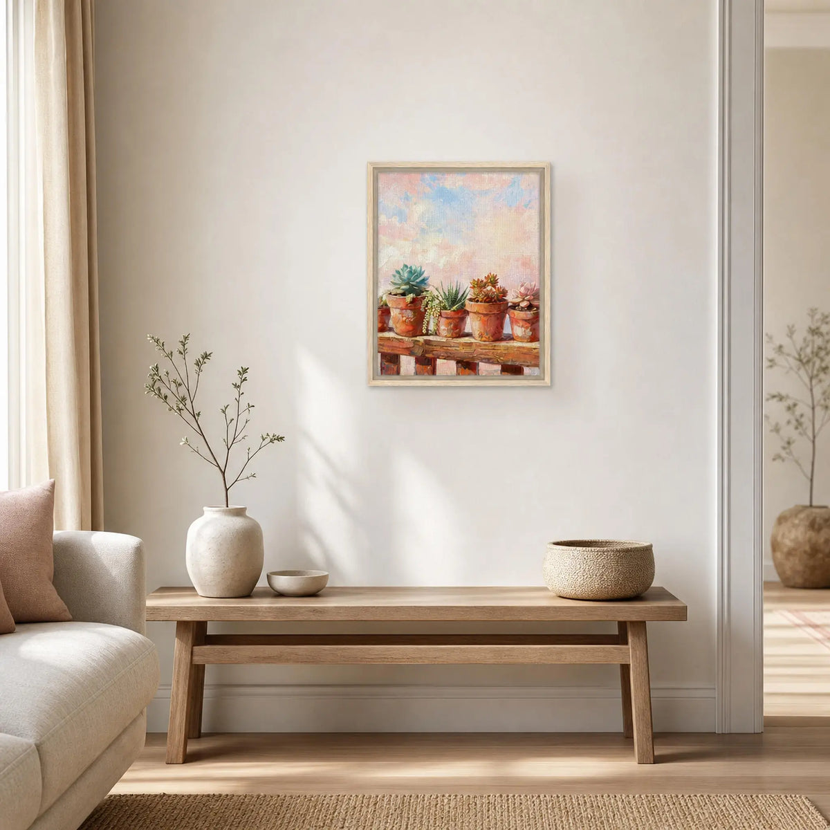 Framed Canvas Art: Potted Succulents and Pastel Sky | Modern Botanical Print