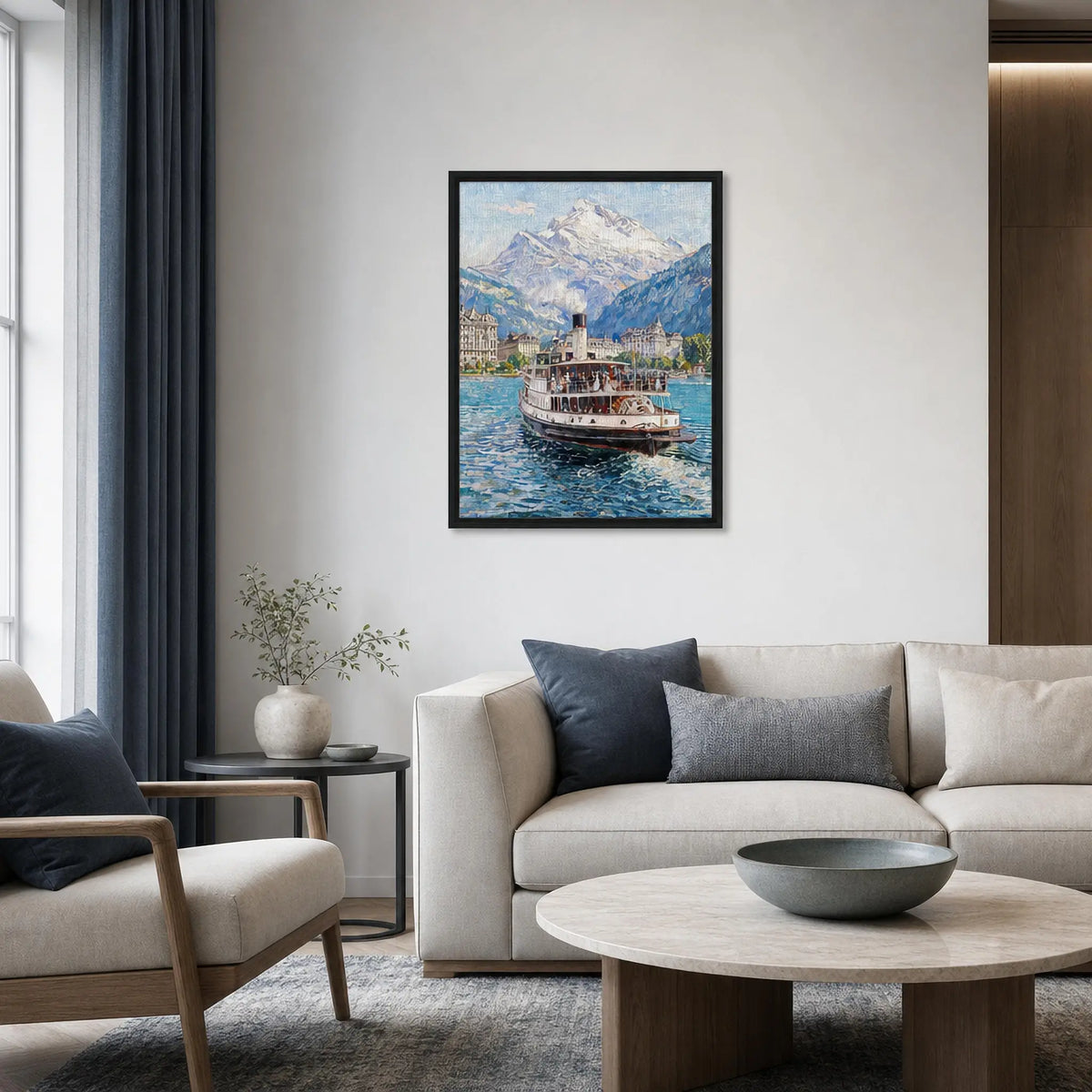 Framed Alpine Steamboat Canvas | Mountain Lake Wall Art Decor