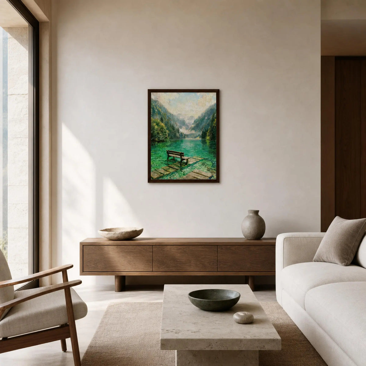 Framed Alpine Lake Bench Canvas | Serene Mountain Wall Decor