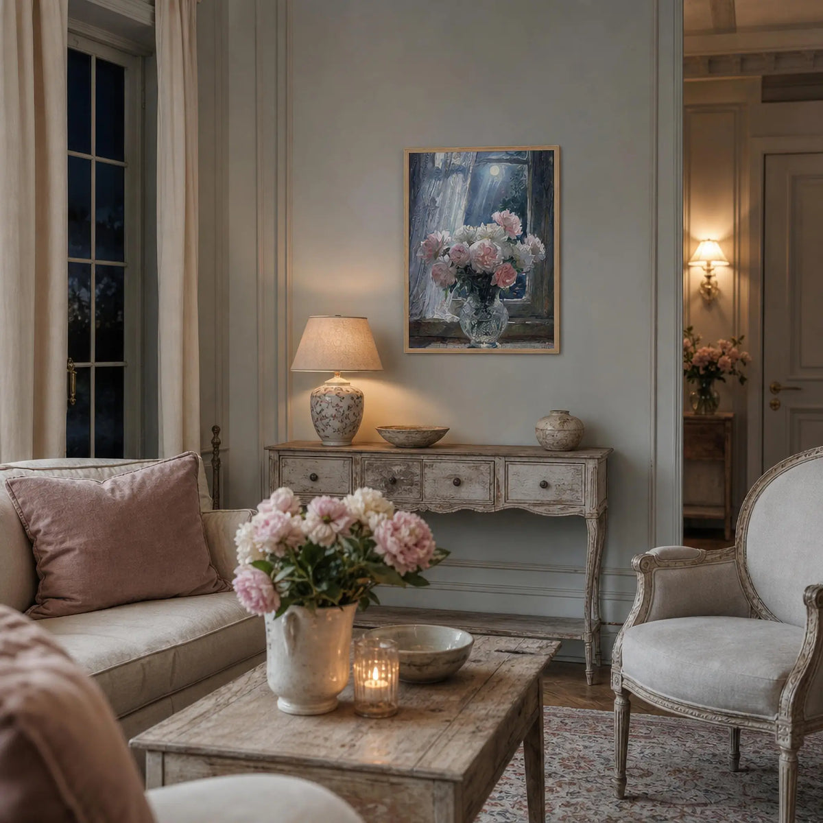 Moonlit Peony Window Framed Art Poster