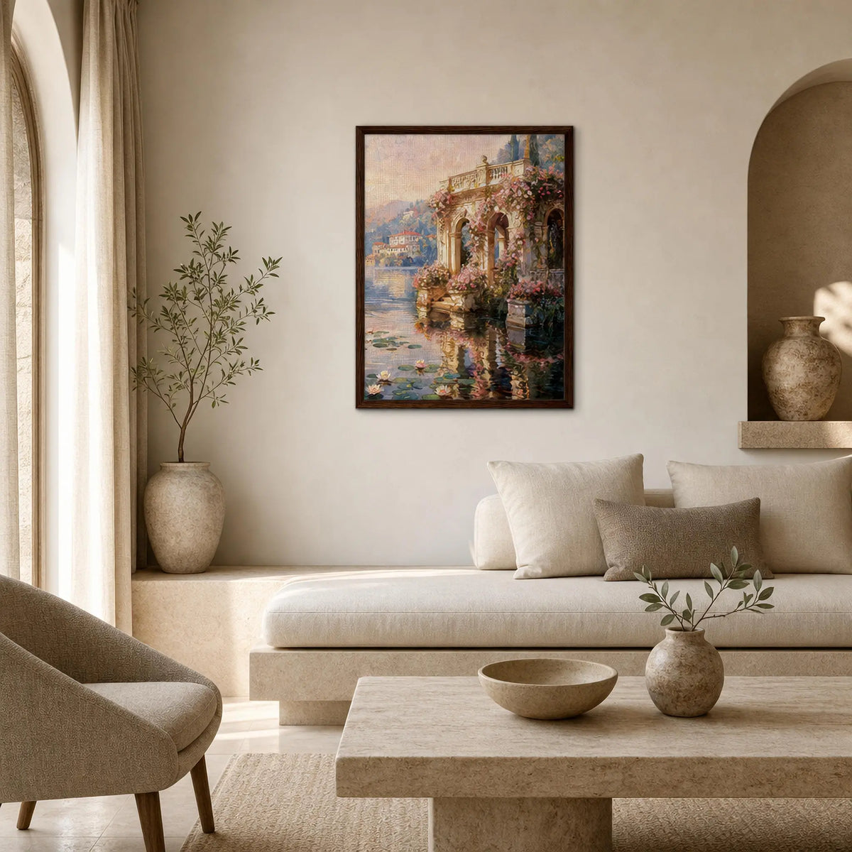Framed Lakeside Terrace Canvas | Romantic Villa Wall Art Decor