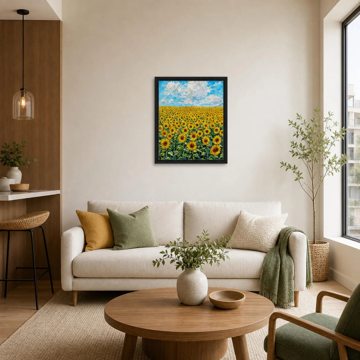 Framed Canvas Art: Vibrant Sunny Meadow | Modern Textured Landscape Print