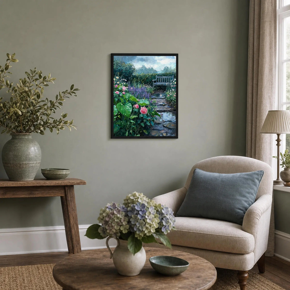 Rainy Garden Bench and Stone Path Wooden Framed Poster | Vintstep