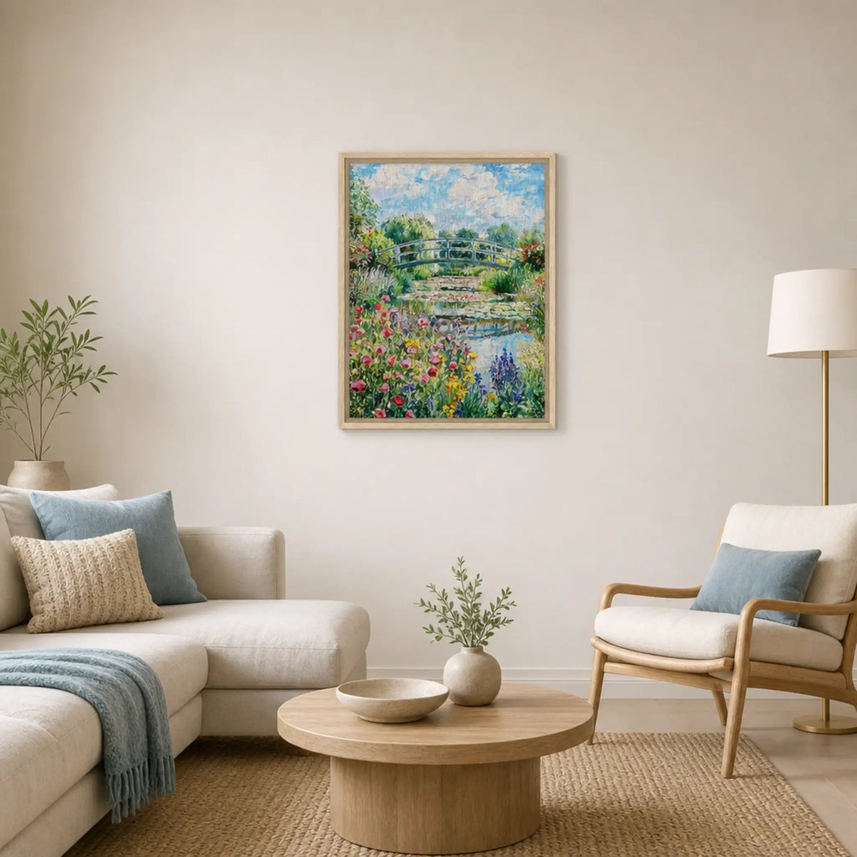 Sunny Japanese Bridge and Flower Garden Framed Canvas | Vintstep