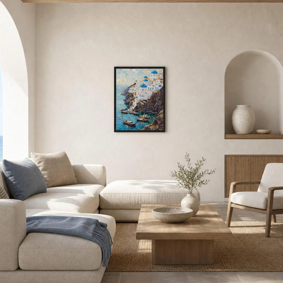 Framed Greek Island Cliff Canvas | Aegean Village Wall Art Decor