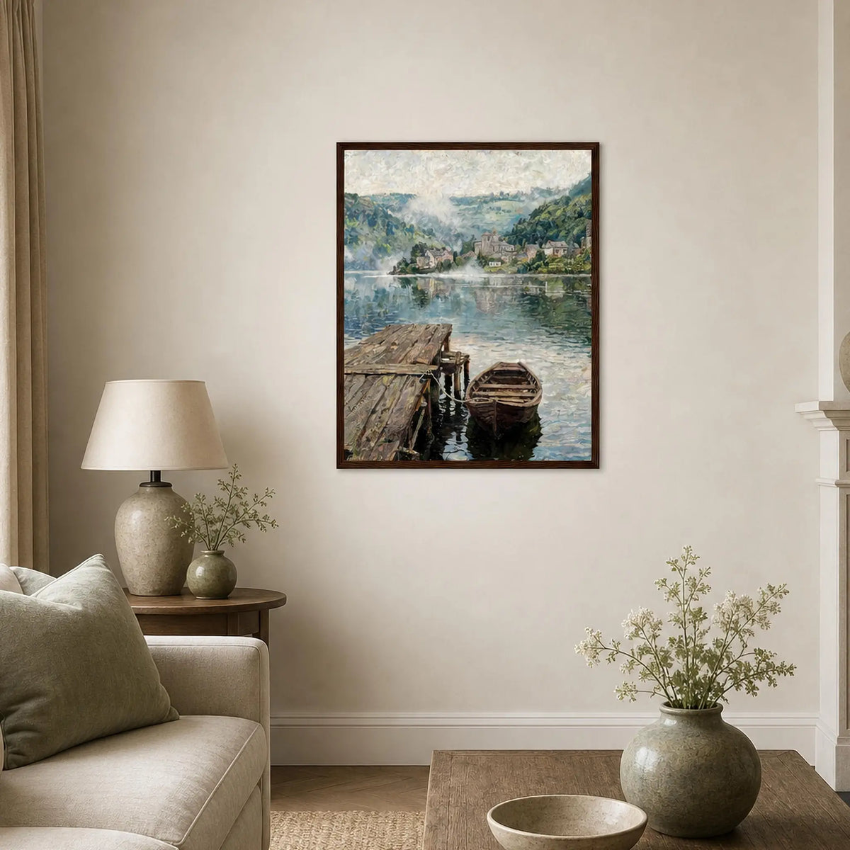 Framed Vintage Lakeside Landscape Art | Ready-to-Hang Classic Wall Decor