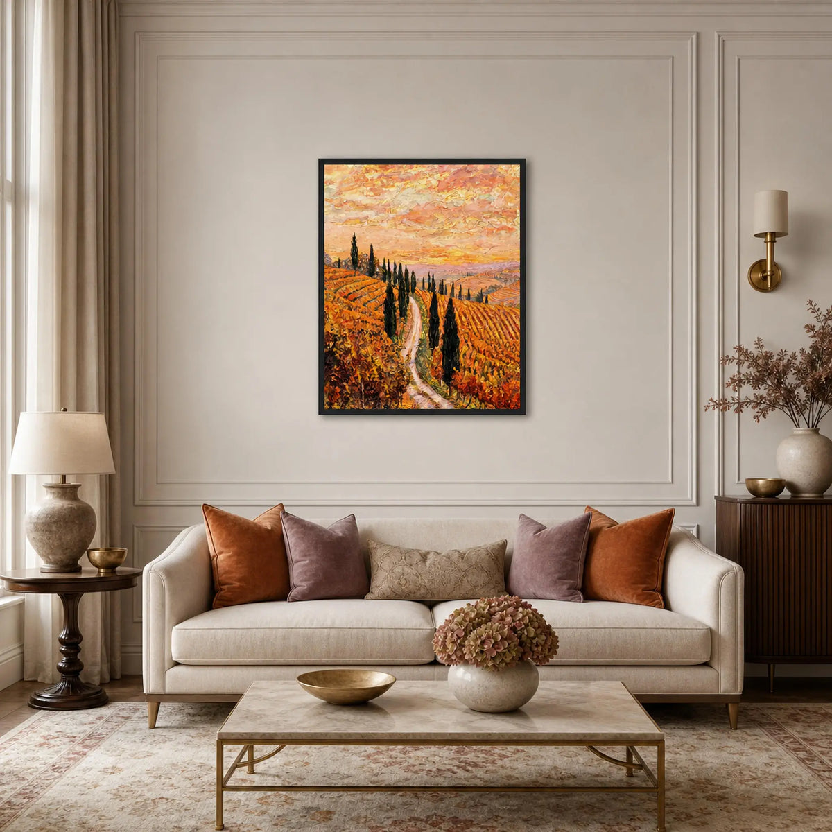 Golden Vineyard Path Framed Art Print | Ready to Hang Wall Decor