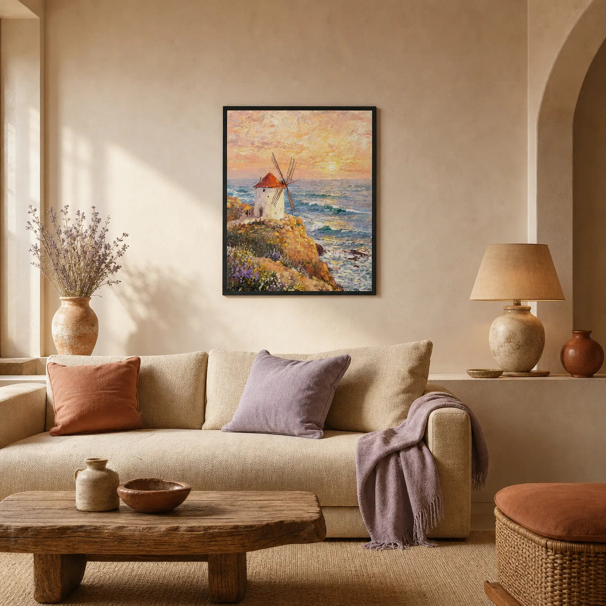Framed Coastal Windmill Art | Seaside Sunset Wall Decor Poster