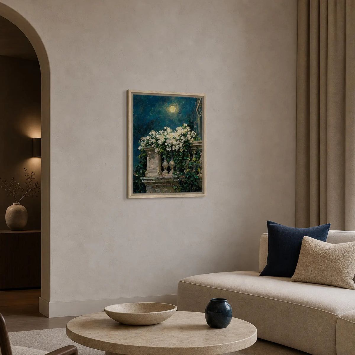 Moonlit Balcony Blooms Framed Canvas Wall Art