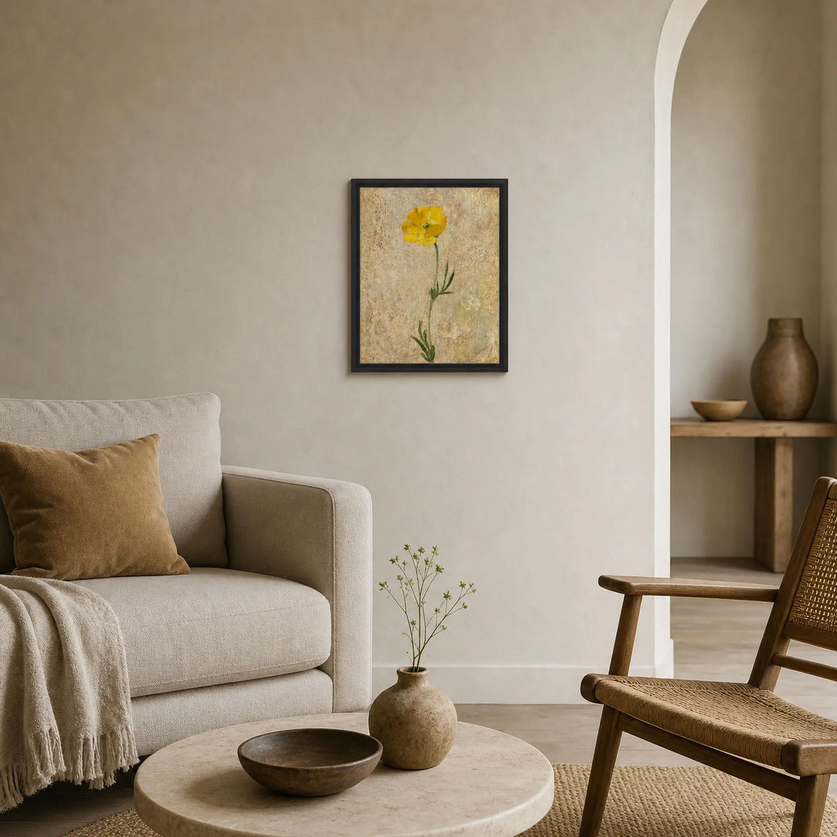 Impressionist Single Yellow Poppy Framed Canvas Wall Art
