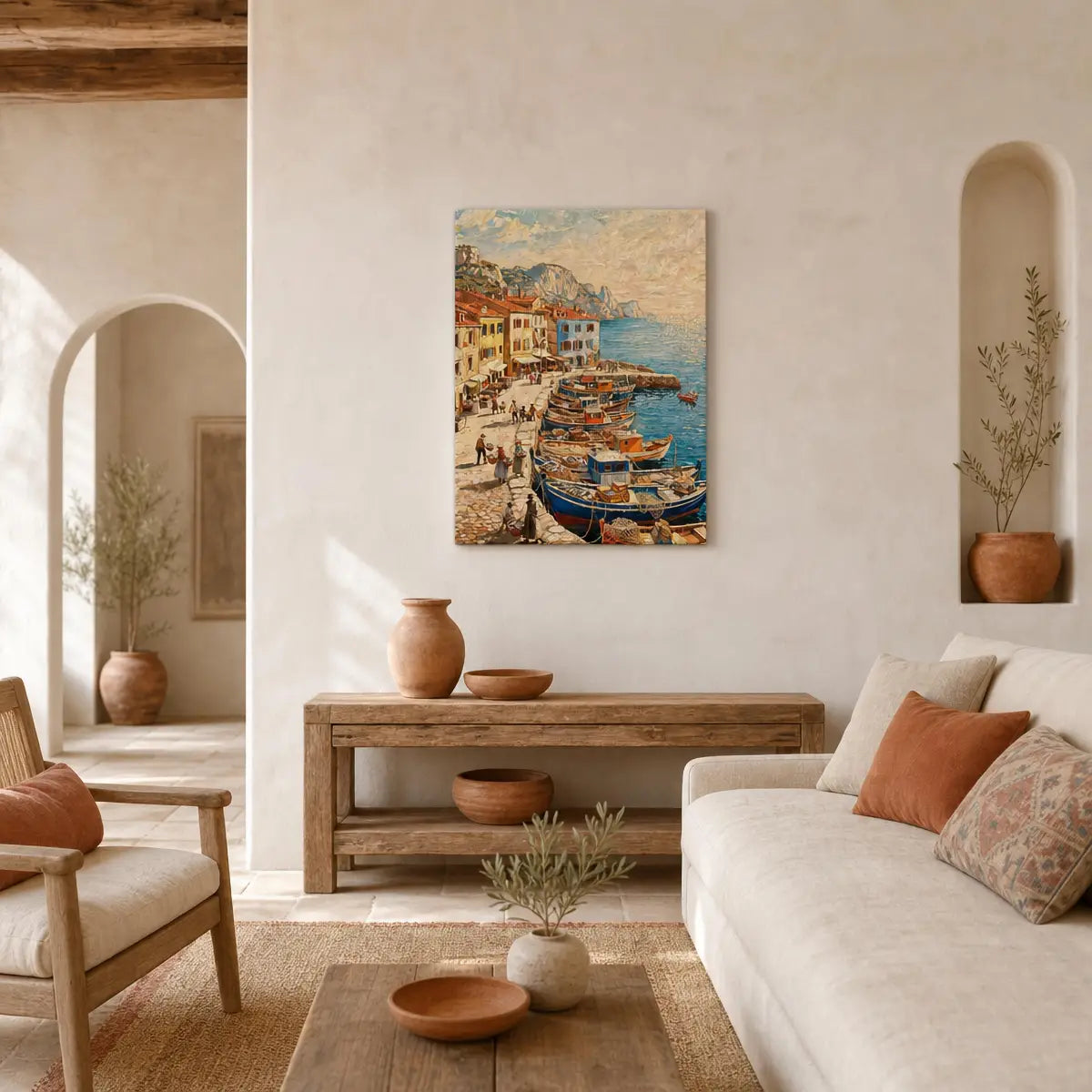 Vintage Mediterranean Harbor Canvas Print | Vibrant Coastal Wall Art