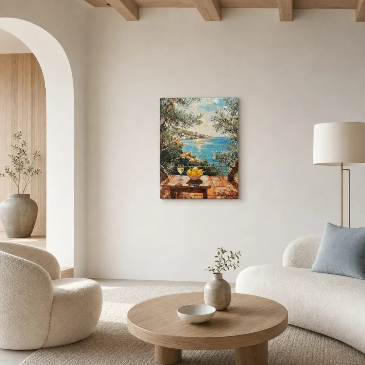 Mediterranean Terrace with Wine & Lemons Canvas Print | Impressionist Seascape