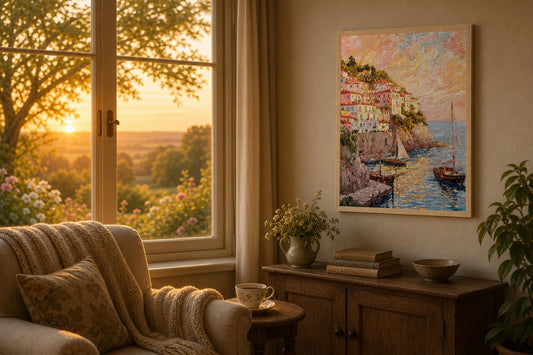A warm, sunlit living room featuring an Impressionist style framed canvas print of a seaside village hanging on the wall next to a large window.