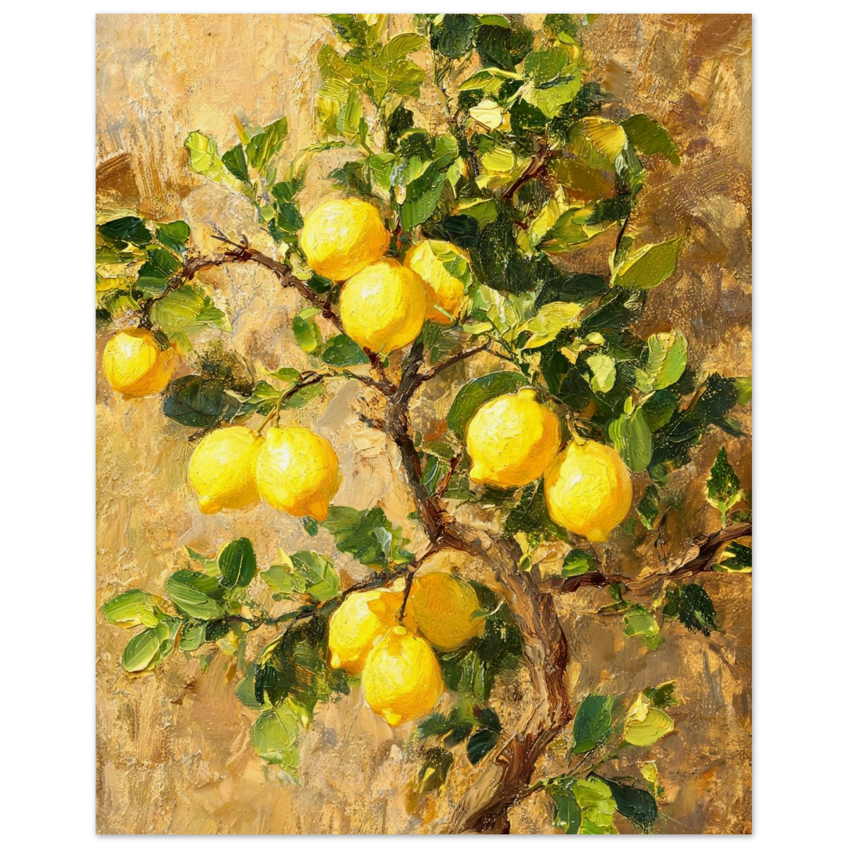 Fine art print of an Impressionist lemon tree branch featuring bright yellow citrus fruit, lush green leaves, and rich oil painting textures.