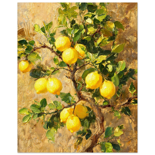 Fine art print of an Impressionist lemon tree branch featuring bright yellow citrus fruit, lush green leaves, and rich oil painting textures.