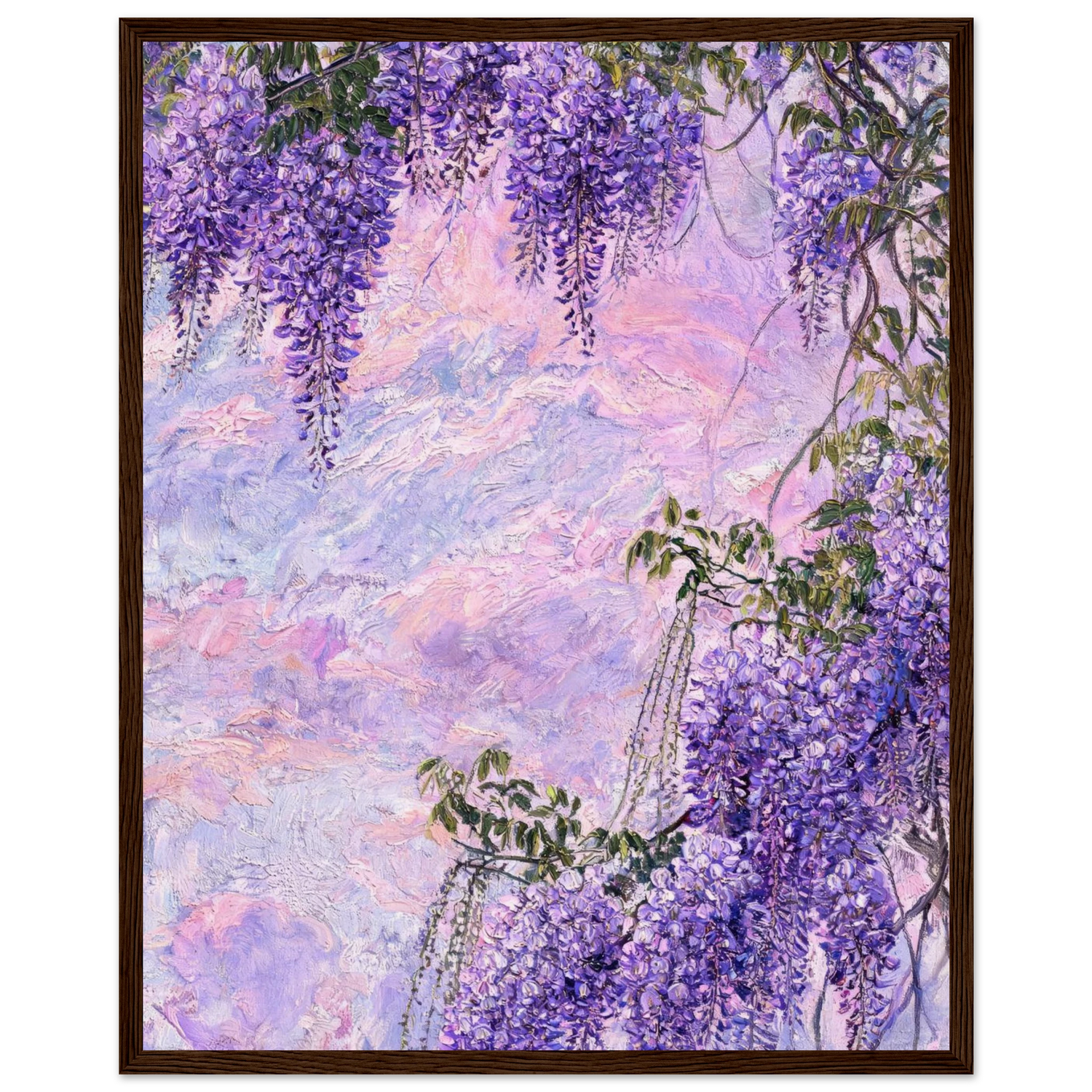 Wooden framed fine art print of cascading purple wisteria blooms, ready to hang.