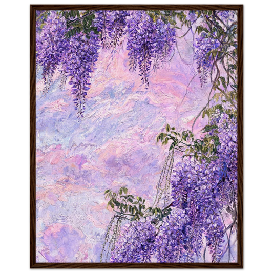 Wooden framed fine art print of cascading purple wisteria blooms, ready to hang.