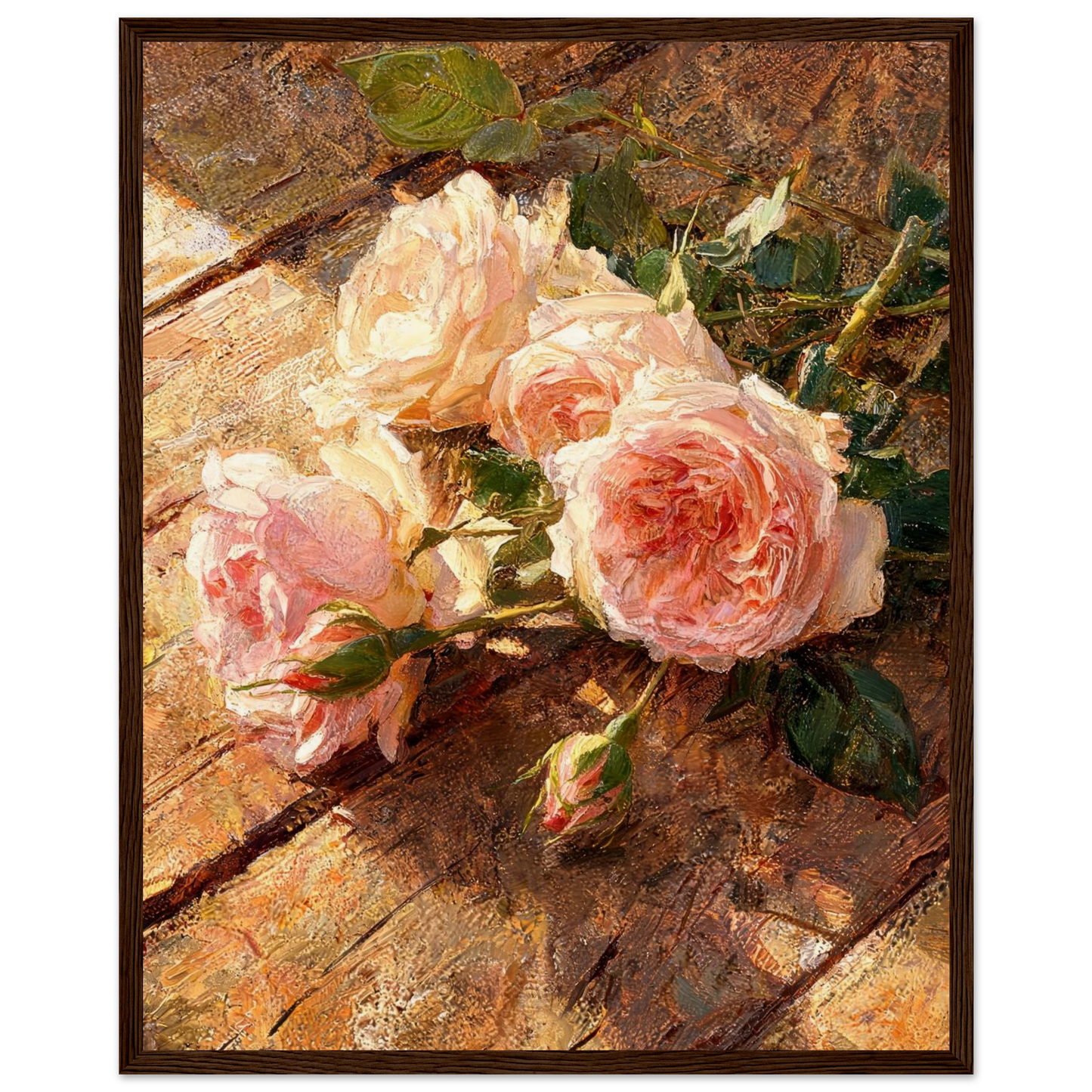 Wooden framed fine art print of an Impressionist peach rose painting showcasing warm golden light and rich tactile textures.