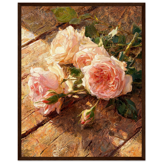 Wooden framed fine art print of an Impressionist peach rose painting showcasing warm golden light and rich tactile textures.