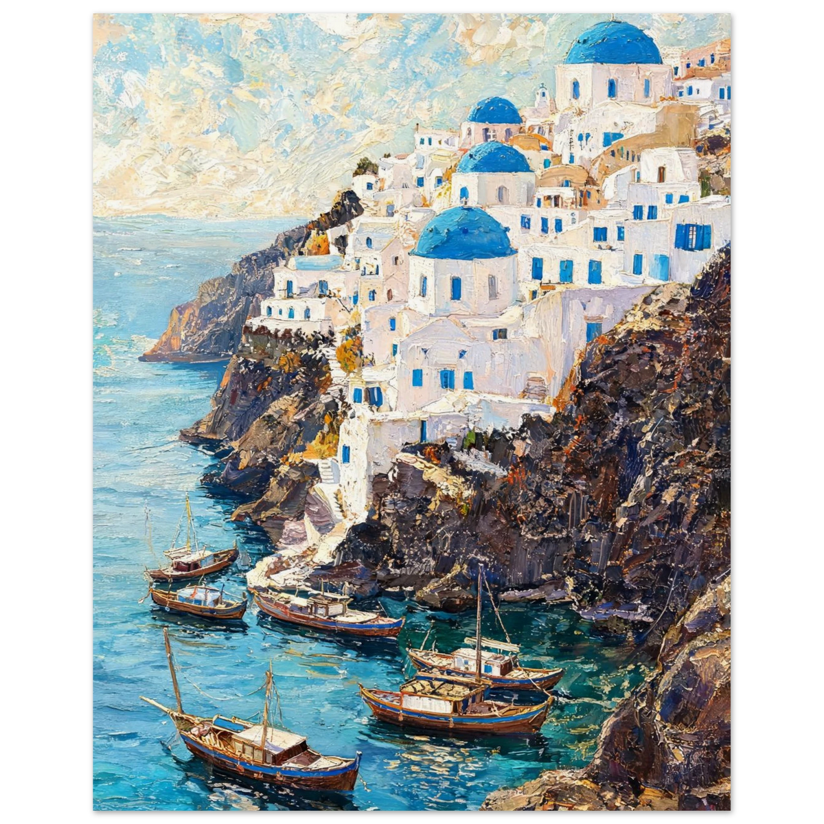 A colorful painting of a Mediterranean coastal village with white buildings and bright blue domes, overlooking a turquoise harbor with several small boats.